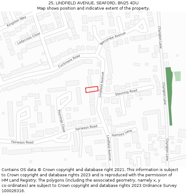 25, LINDFIELD AVENUE, SEAFORD, BN25 4DU: Location map and indicative extent of plot