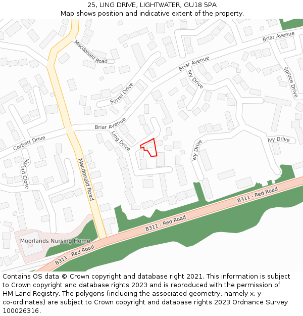 25, LING DRIVE, LIGHTWATER, GU18 5PA: Location map and indicative extent of plot