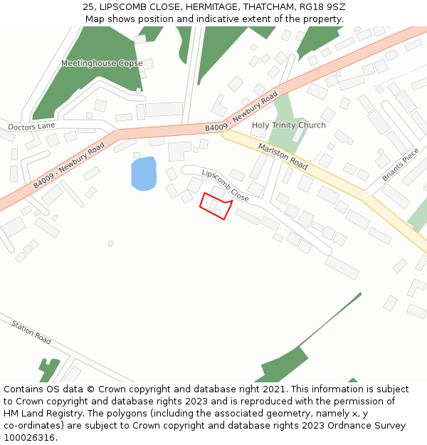 25, LIPSCOMB CLOSE, HERMITAGE, THATCHAM, RG18 9SZ: Location map and indicative extent of plot