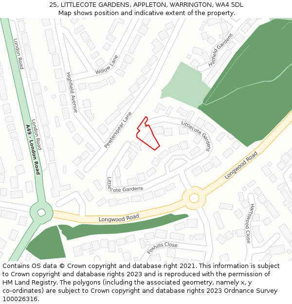 25, LITTLECOTE GARDENS, APPLETON, WARRINGTON, WA4 5DL: Location map and indicative extent of plot