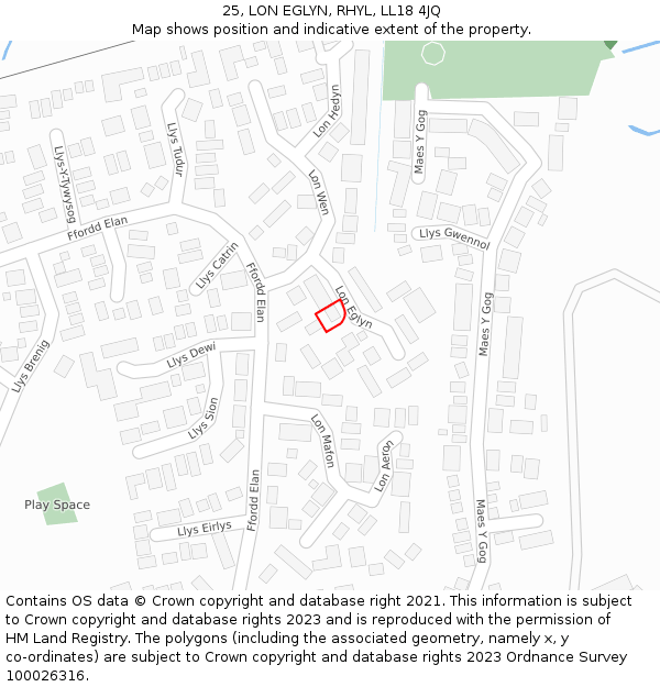 25, LON EGLYN, RHYL, LL18 4JQ: Location map and indicative extent of plot