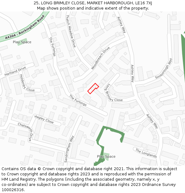 25, LONG BRIMLEY CLOSE, MARKET HARBOROUGH, LE16 7XJ: Location map and indicative extent of plot