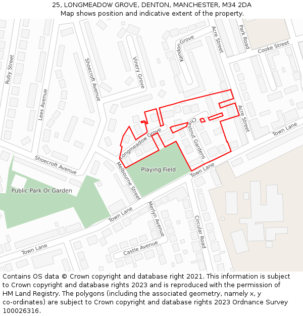 25, LONGMEADOW GROVE, DENTON, MANCHESTER, M34 2DA: Location map and indicative extent of plot