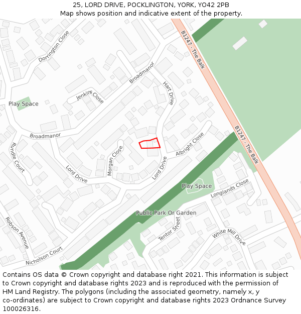 25, LORD DRIVE, POCKLINGTON, YORK, YO42 2PB: Location map and indicative extent of plot