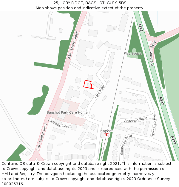 25, LORY RIDGE, BAGSHOT, GU19 5BS: Location map and indicative extent of plot