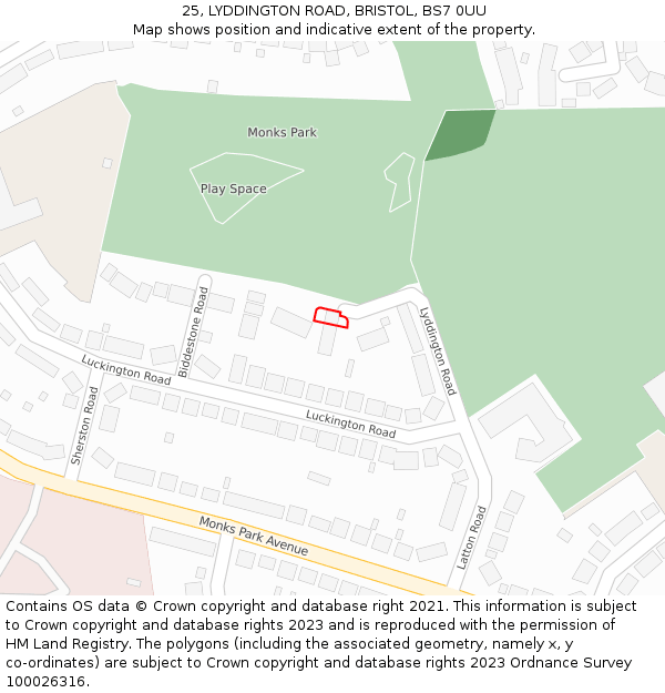 25, LYDDINGTON ROAD, BRISTOL, BS7 0UU: Location map and indicative extent of plot