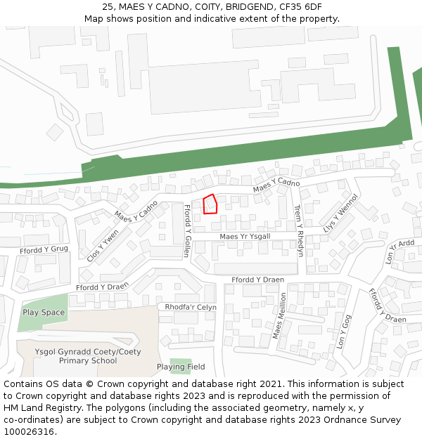 25, MAES Y CADNO, COITY, BRIDGEND, CF35 6DF: Location map and indicative extent of plot