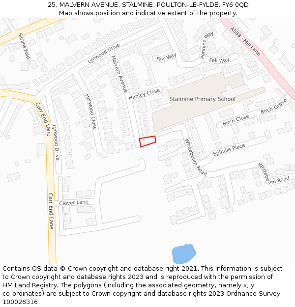 25, MALVERN AVENUE, STALMINE, POULTON-LE-FYLDE, FY6 0QD: Location map and indicative extent of plot