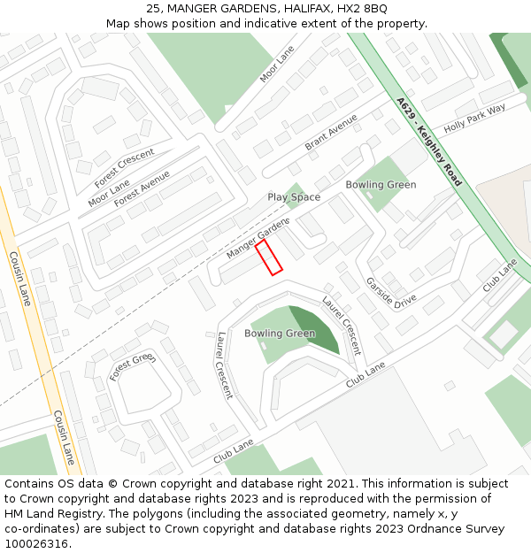 25, MANGER GARDENS, HALIFAX, HX2 8BQ: Location map and indicative extent of plot