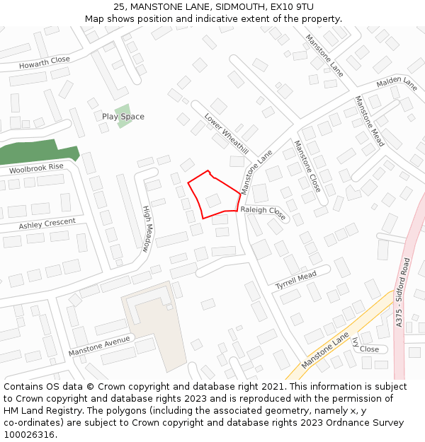 25, MANSTONE LANE, SIDMOUTH, EX10 9TU: Location map and indicative extent of plot