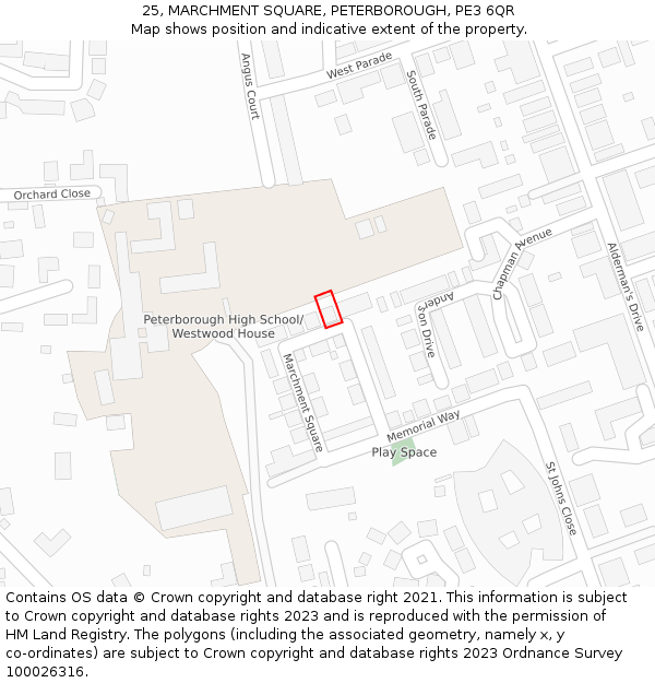25, MARCHMENT SQUARE, PETERBOROUGH, PE3 6QR: Location map and indicative extent of plot
