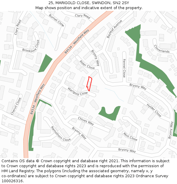 25, MARIGOLD CLOSE, SWINDON, SN2 2SY: Location map and indicative extent of plot