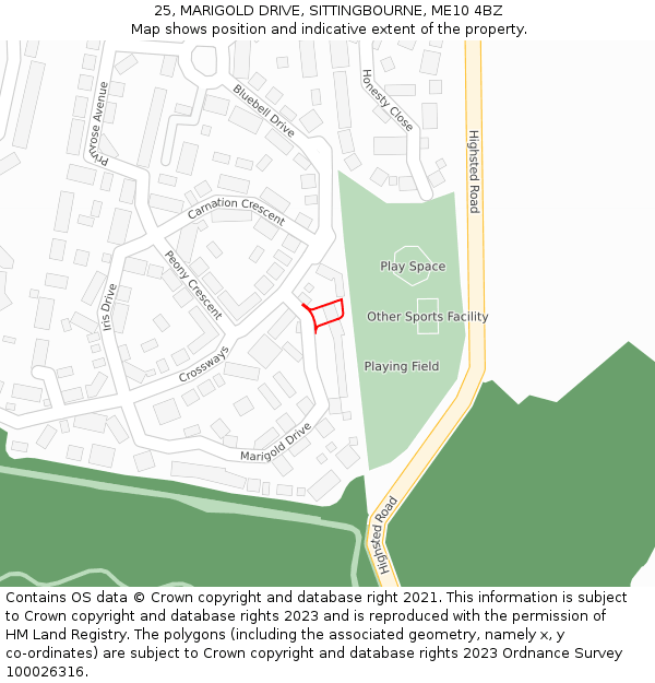 25, MARIGOLD DRIVE, SITTINGBOURNE, ME10 4BZ: Location map and indicative extent of plot