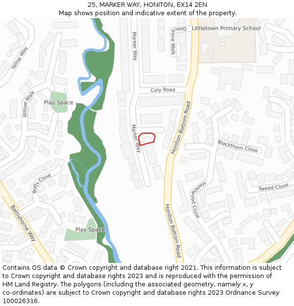 25, MARKER WAY, HONITON, EX14 2EN: Location map and indicative extent of plot