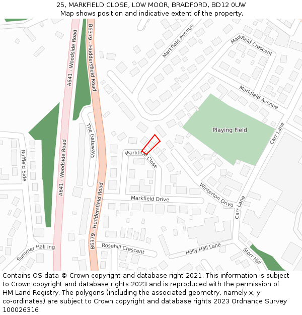 25, MARKFIELD CLOSE, LOW MOOR, BRADFORD, BD12 0UW: Location map and indicative extent of plot