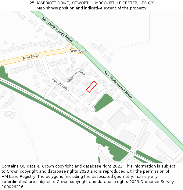 25, MARRIOTT DRIVE, KIBWORTH HARCOURT, LEICESTER, LE8 0JX: Location map and indicative extent of plot