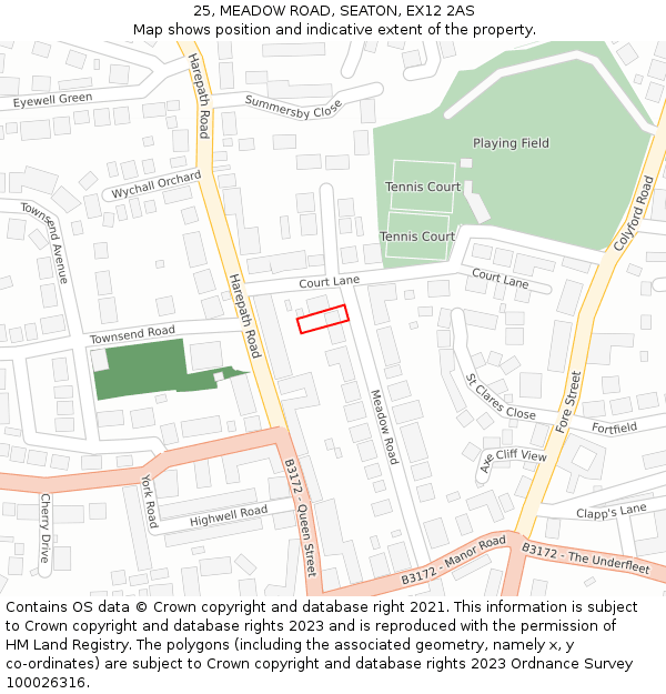 25, MEADOW ROAD, SEATON, EX12 2AS: Location map and indicative extent of plot