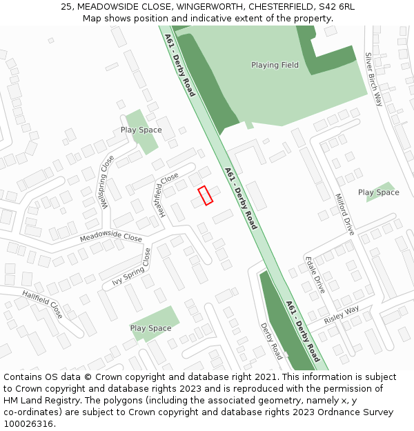 25, MEADOWSIDE CLOSE, WINGERWORTH, CHESTERFIELD, S42 6RL: Location map and indicative extent of plot