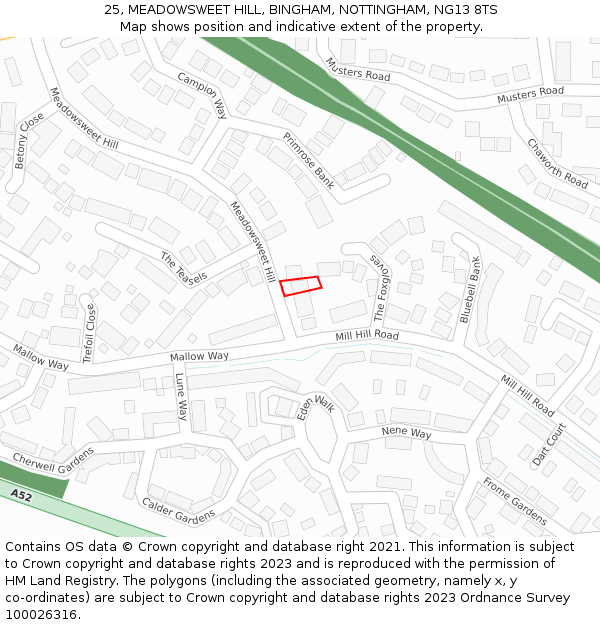 25, MEADOWSWEET HILL, BINGHAM, NOTTINGHAM, NG13 8TS: Location map and indicative extent of plot