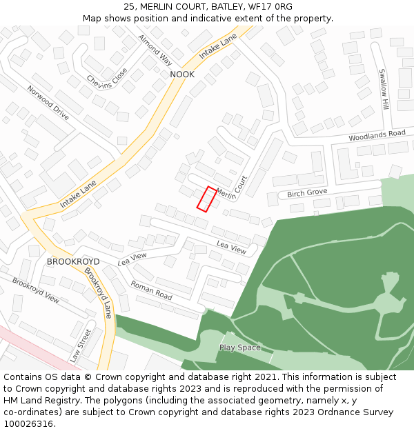 25, MERLIN COURT, BATLEY, WF17 0RG: Location map and indicative extent of plot