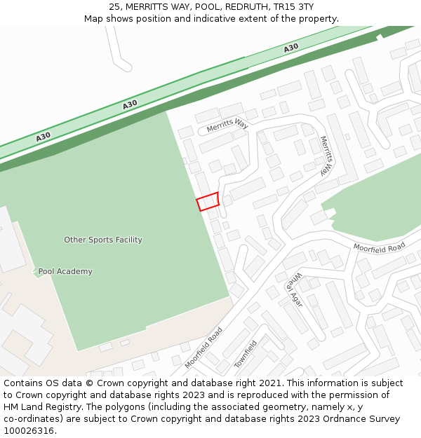 25, MERRITTS WAY, POOL, REDRUTH, TR15 3TY: Location map and indicative extent of plot