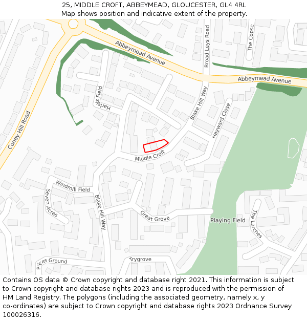 25, MIDDLE CROFT, ABBEYMEAD, GLOUCESTER, GL4 4RL: Location map and indicative extent of plot