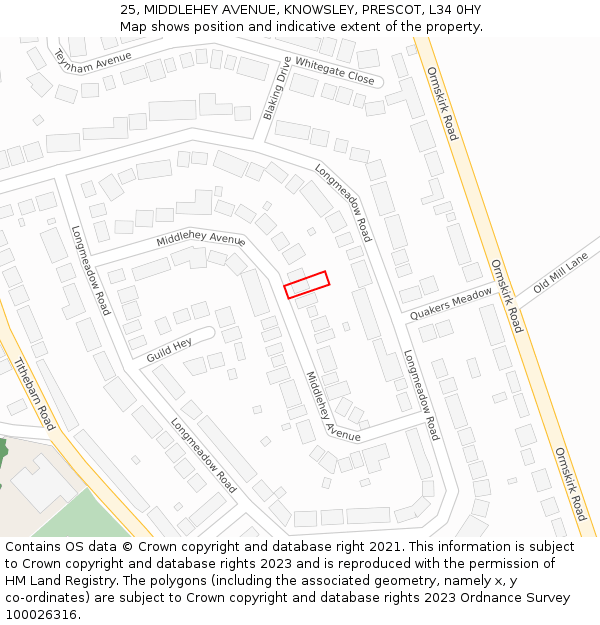 25, MIDDLEHEY AVENUE, KNOWSLEY, PRESCOT, L34 0HY: Location map and indicative extent of plot