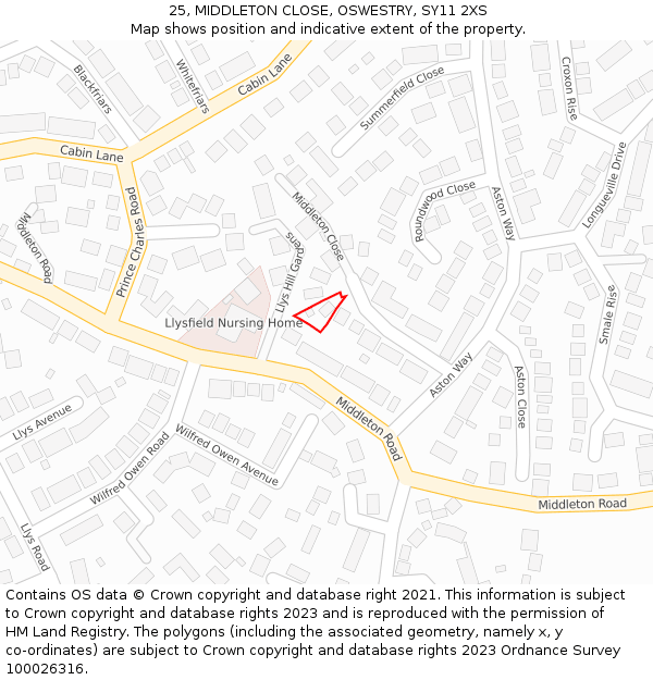 25, MIDDLETON CLOSE, OSWESTRY, SY11 2XS: Location map and indicative extent of plot
