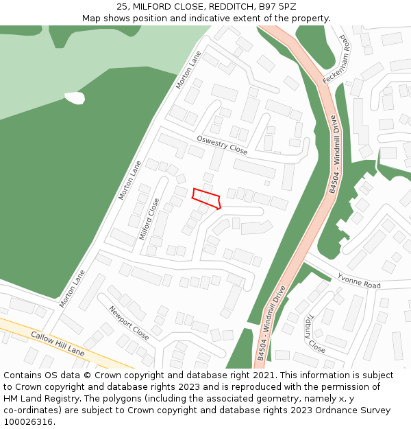 25, MILFORD CLOSE, REDDITCH, B97 5PZ: Location map and indicative extent of plot