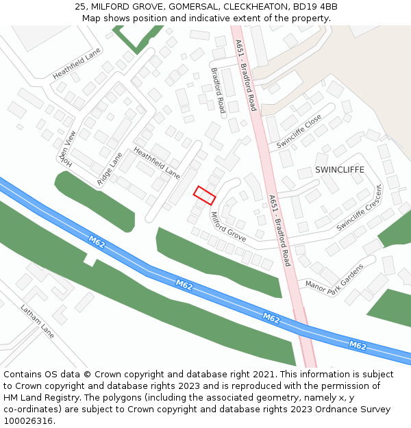 25, MILFORD GROVE, GOMERSAL, CLECKHEATON, BD19 4BB: Location map and indicative extent of plot