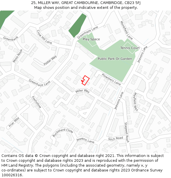 25, MILLER WAY, GREAT CAMBOURNE, CAMBRIDGE, CB23 5FJ: Location map and indicative extent of plot