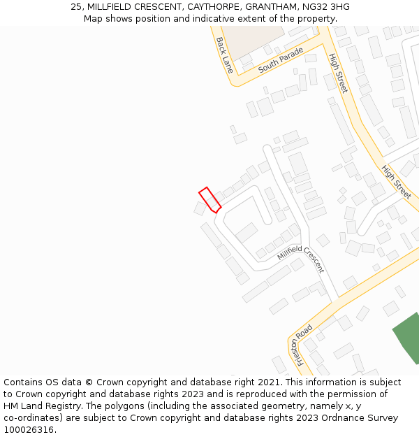 25, MILLFIELD CRESCENT, CAYTHORPE, GRANTHAM, NG32 3HG: Location map and indicative extent of plot
