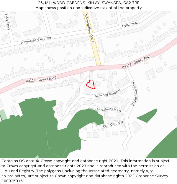 25, MILLWOOD GARDENS, KILLAY, SWANSEA, SA2 7BE: Location map and indicative extent of plot