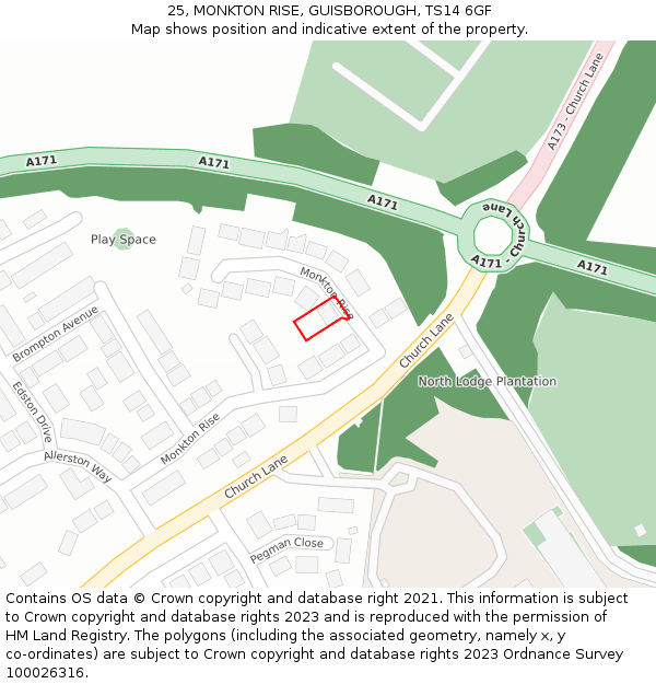 25, MONKTON RISE, GUISBOROUGH, TS14 6GF: Location map and indicative extent of plot