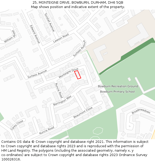 25, MONTEIGNE DRIVE, BOWBURN, DURHAM, DH6 5QB: Location map and indicative extent of plot