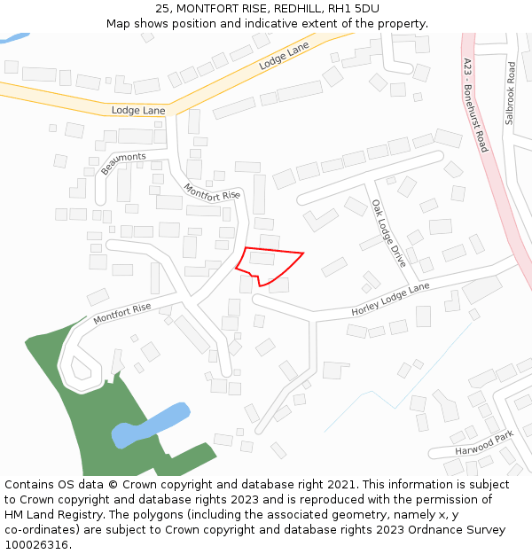 25, MONTFORT RISE, REDHILL, RH1 5DU: Location map and indicative extent of plot