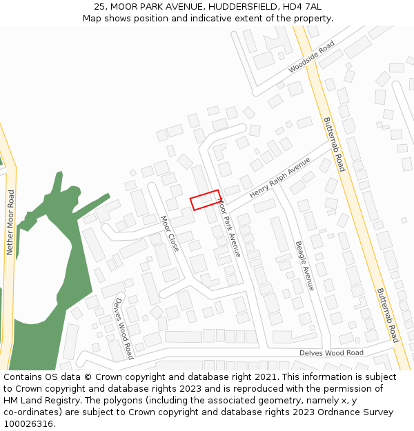 25, MOOR PARK AVENUE, HUDDERSFIELD, HD4 7AL: Location map and indicative extent of plot