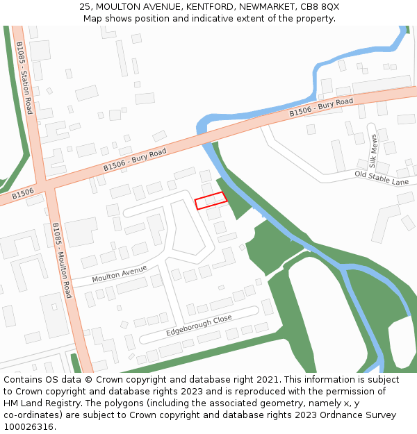 25, MOULTON AVENUE, KENTFORD, NEWMARKET, CB8 8QX: Location map and indicative extent of plot