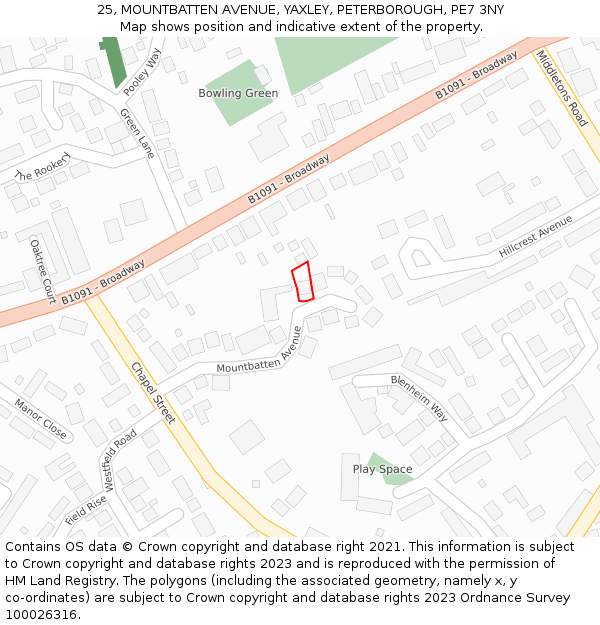 25, MOUNTBATTEN AVENUE, YAXLEY, PETERBOROUGH, PE7 3NY: Location map and indicative extent of plot