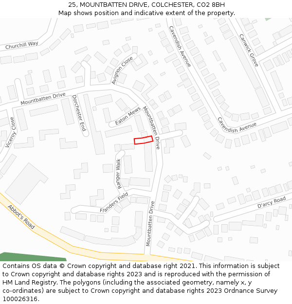 25, MOUNTBATTEN DRIVE, COLCHESTER, CO2 8BH: Location map and indicative extent of plot