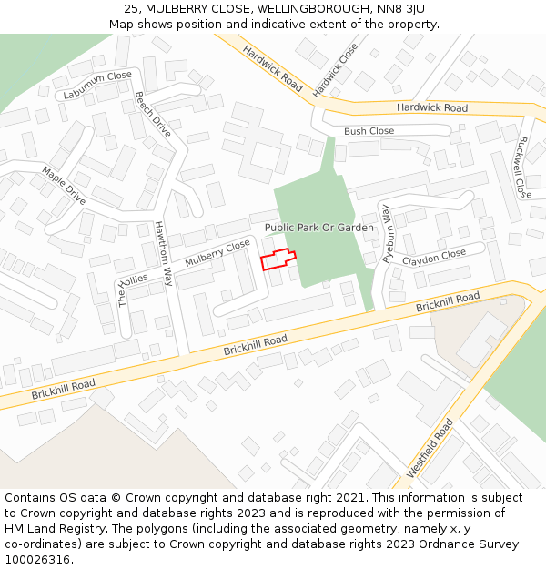 25, MULBERRY CLOSE, WELLINGBOROUGH, NN8 3JU: Location map and indicative extent of plot