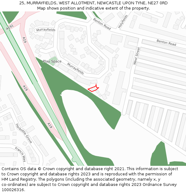 25, MURRAYFIELDS, WEST ALLOTMENT, NEWCASTLE UPON TYNE, NE27 0RD: Location map and indicative extent of plot