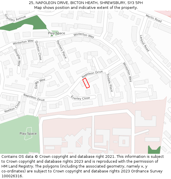 25, NAPOLEON DRIVE, BICTON HEATH, SHREWSBURY, SY3 5PH: Location map and indicative extent of plot