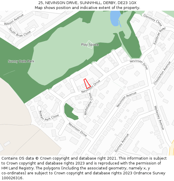 25, NEVINSON DRIVE, SUNNYHILL, DERBY, DE23 1GX: Location map and indicative extent of plot