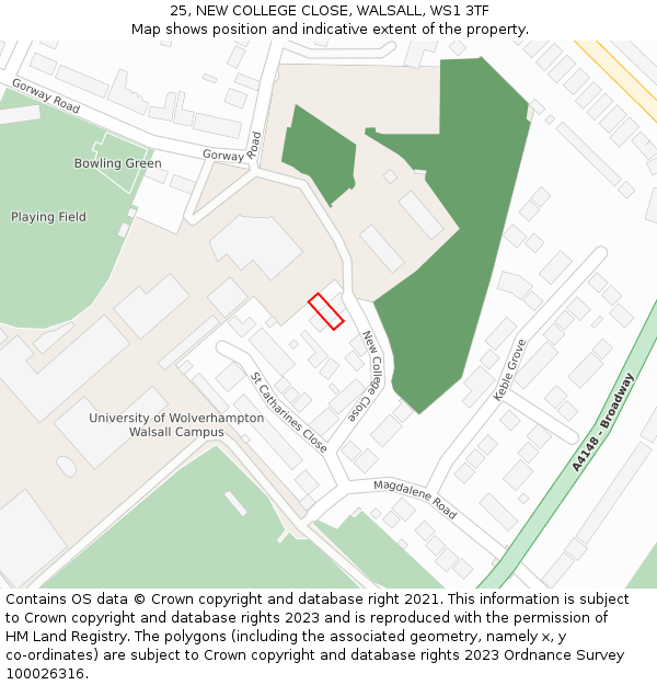25, NEW COLLEGE CLOSE, WALSALL, WS1 3TF: Location map and indicative extent of plot