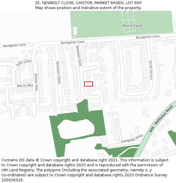 25, NEWBOLT CLOSE, CAISTOR, MARKET RASEN, LN7 6NY: Location map and indicative extent of plot