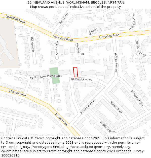 25, NEWLAND AVENUE, WORLINGHAM, BECCLES, NR34 7AN: Location map and indicative extent of plot