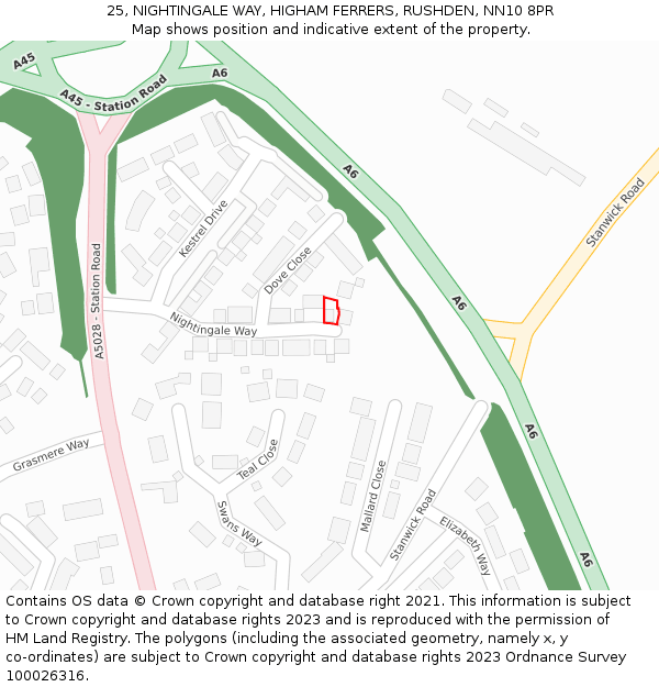 25, NIGHTINGALE WAY, HIGHAM FERRERS, RUSHDEN, NN10 8PR: Location map and indicative extent of plot