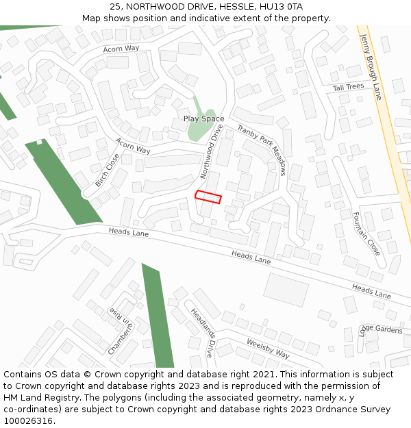 25, NORTHWOOD DRIVE, HESSLE, HU13 0TA: Location map and indicative extent of plot