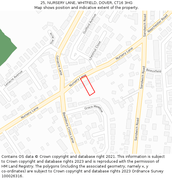 25, NURSERY LANE, WHITFIELD, DOVER, CT16 3HG: Location map and indicative extent of plot